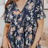 Blue V Neck Floral Tiered Babydoll Top