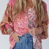 Pink Mixed Floral Printed Puff Sleeve V-Neck Shirt