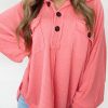 Women's Classic Pink Corded Flap Pocket Henley Top