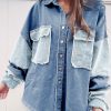 Women's Trendy Blue Color Block Frayed Patchwork Oversize Denim Jacket