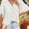 White Floral Textured V Neck Buttoned Blouse