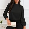 Black Color Block Bow Back Mock Neck Blouse