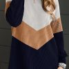 Navy Blue Color Block Corded Texture Long Sleeve Top