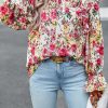 Women's Elegant Multicolor Floral Printed Ruffle Trim Long Sleeve Blouse