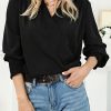 Black Solid Surplice Neck Shirred Cuffs Draped Blouse