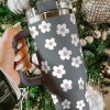 Dark Grey Floret Print Stainless Tumbler With Lid And Straw