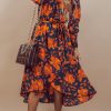 Orange Floral Print Faux Wrap Belted Dress