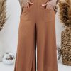 Brown Ribbed Patch Pocket Frill Waist Wide Leg Plus Pants