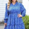 Blue Plus Size Spotted Print Split Neck Ruffle Mini Dress