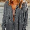 Women's Gray Waffle Patchwork Vintage Washed Hooded Jacket