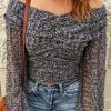 Black Zip Up At Back Ruched Floral Top