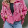 Pink Fringed Full Zipper Fleece Jacket