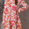 Multicolor Floral V Neck Long Sleeve Skater Dress