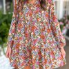 Women's Multicolor Floral Neck Tie Long Sleeve Flared Dress