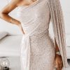 Apricot Draped One-shoulder Sequin Dress