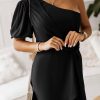 Black Asymmetric Bubble Sleeve Twist Knot Wrap Dress