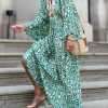 Green Abstract Pattern Print V Neck High Waist Maxi Dress