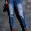 Blue Distressed High Waist Straight Leg Jeans