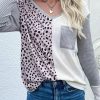 Women's Casual Leopard Patchwork Ribbed Color Block V Neck Top