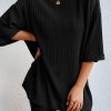 Black Plain Ribbed Loose Fit Two Piece Lounge Set