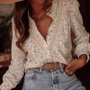 Women's Elegant Beige Lace Patch Floral Button-Up Shirt