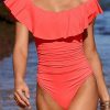 Pink Off The Shoulder Lace-Up Back Ruffle One-Piece Swimsuit