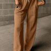 Brown Drawstring High Waist Wide Leg Waffle Knit Pants