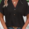 Black Eyelet Button-Accent Notch Neck Top