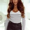 Women's Chic White Scalloped Trim Striped Print Sweater