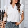 White Ruffle Accent Flutter Sleeve Notch Neck Top