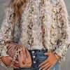 Brown Glitter Snake Grain Pleated Round Neck Blouse