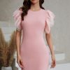 Pink Ruffle Tulle Sleeve Ribbed Knit Bodycon Dress