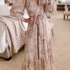 Leopard Surplice Neck Bubble Sleeve Maxi Dress With Sash