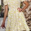 Yellow Shirred Flounce Off Shoulder Floral Dress