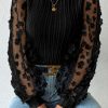 Black Floral Applique Mesh Sleeves Textured Knit Blouse