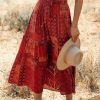 Red Bohemian Mix Print Long Flared Skirt