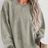 Green Solid Ribbed Knit Round Neck Pullover Sweatshirt