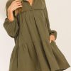 Green Frayed Trim Split Neck Puff Sleeve Flared Dress