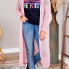 Pink Sheer Knitted Long Side Slit Plus Size Cardigan