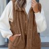 Brown Snap Button Pocketed Sherpa Vest Jacket