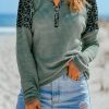 Green Leopard Waffle Knit Buttoned V Neck Blouse