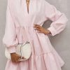 Elegant Pink Frilled Stand Collar Ruffle Dress