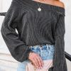 Women's Gray Ribbed Knit Off-Shoulder Balloon Sleeve Top