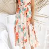 Khaki Strapless Shirred Abstract Print Split Long Dress