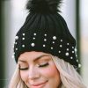 Black Faux Pearl & Pompom Decor Cuff Beanie