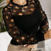 Black Hollowed Floral Lace Splicing Long Sleeve Top