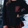 Red Sequin Patch Pocket Ruffle Hem Top