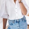 White Turn-down Neck Puff Sleeve Shirt