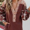 Women's Red Floral Plaid Mixed Print Bishop Sleeve Patchwork Top