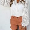 White Eyelet Lace Puff Sleeve Split Neck Blouse